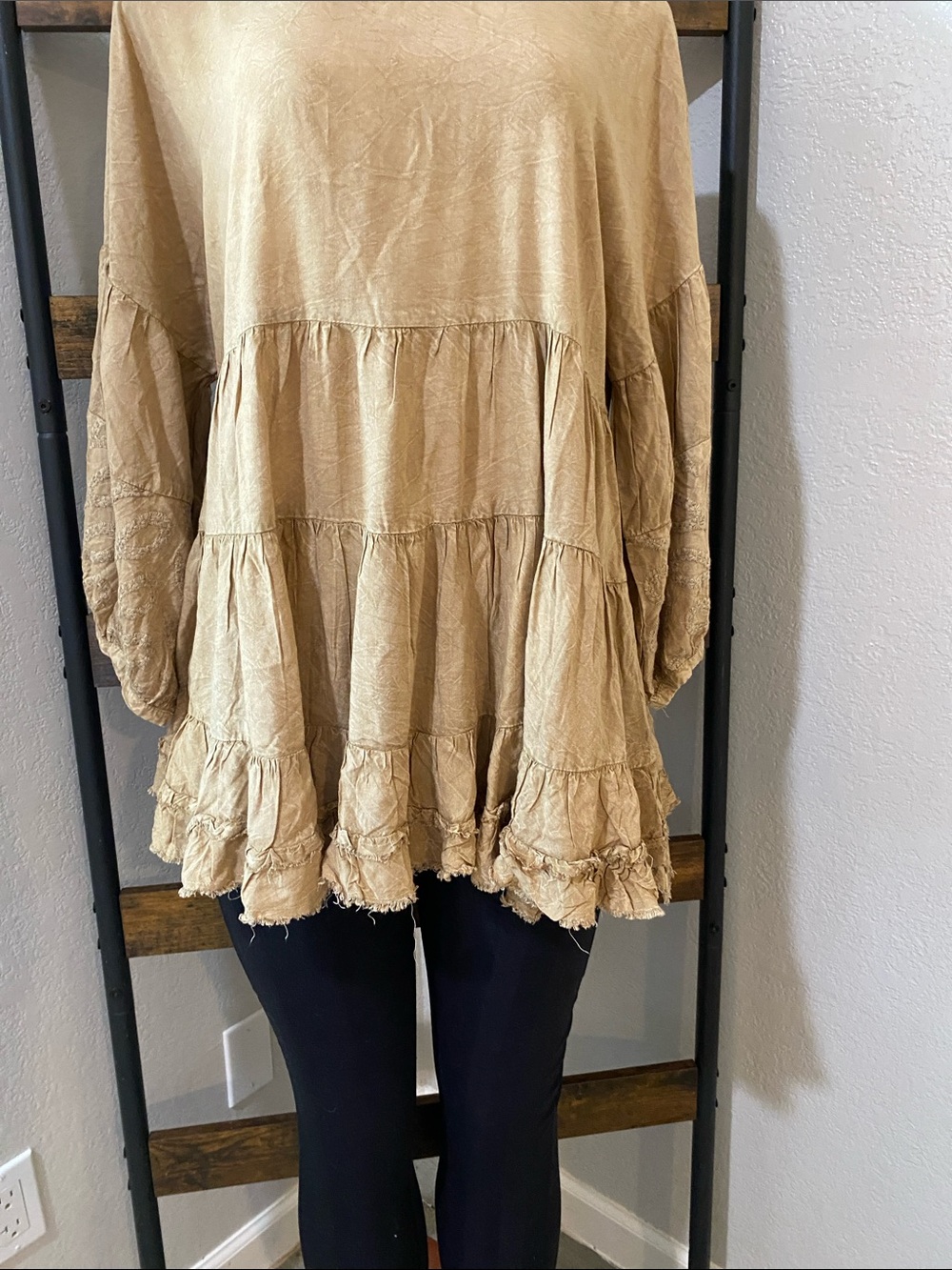 Solitaire Tiered Ruffle Tunic Top — Tan - Picture 2 of 12